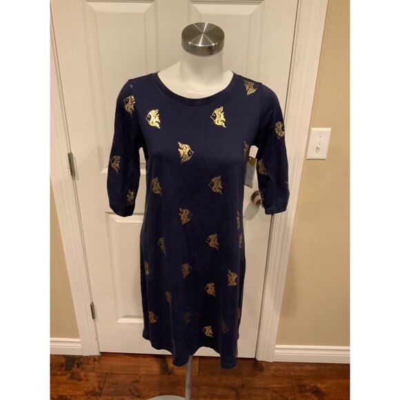 Lilly Pulitzer Navy Blue "Preston" W/Gold Foil Metallic Fish Print Dress, Size S - Picture 1 of 6